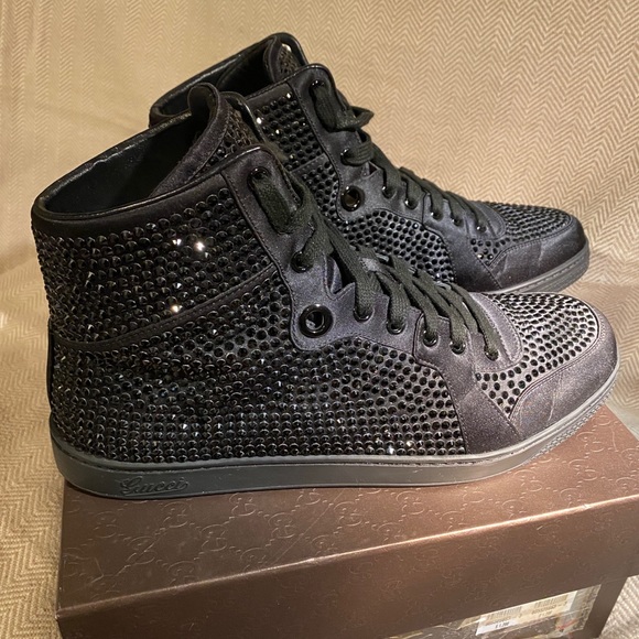 Gucci | Shoes | Gucci Mens Black Satin Swarovski Crystals Hightop | Poshmark